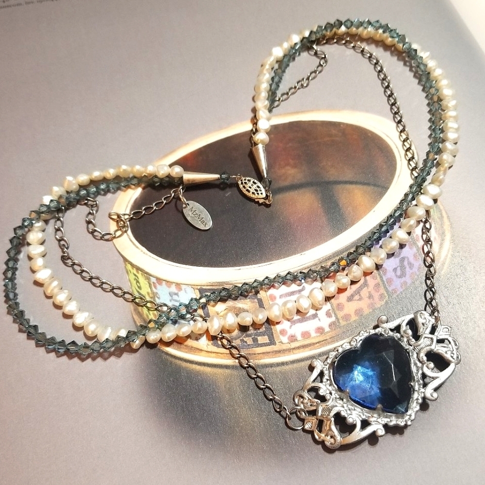 MzMax Creations "Blue Desire"  Antique Blue Crystal and Glass Heart Necklace